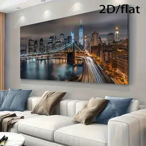 Wooden Framed Canvas Painting1 Large modern New York City Skyline canvas Poster - Wall art print, Manhattan Skyline of New York, Wrapped in canvas with Brooklyn Bridge