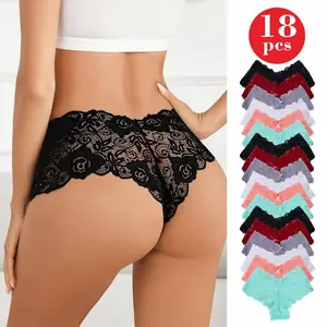 18 Pack Women's Sexy Floral Lace Panties, Soft Stretchy Scalloped Trim Breathable Cotton Crotch No Show Underwear for Daily Casual Lounge Wear
