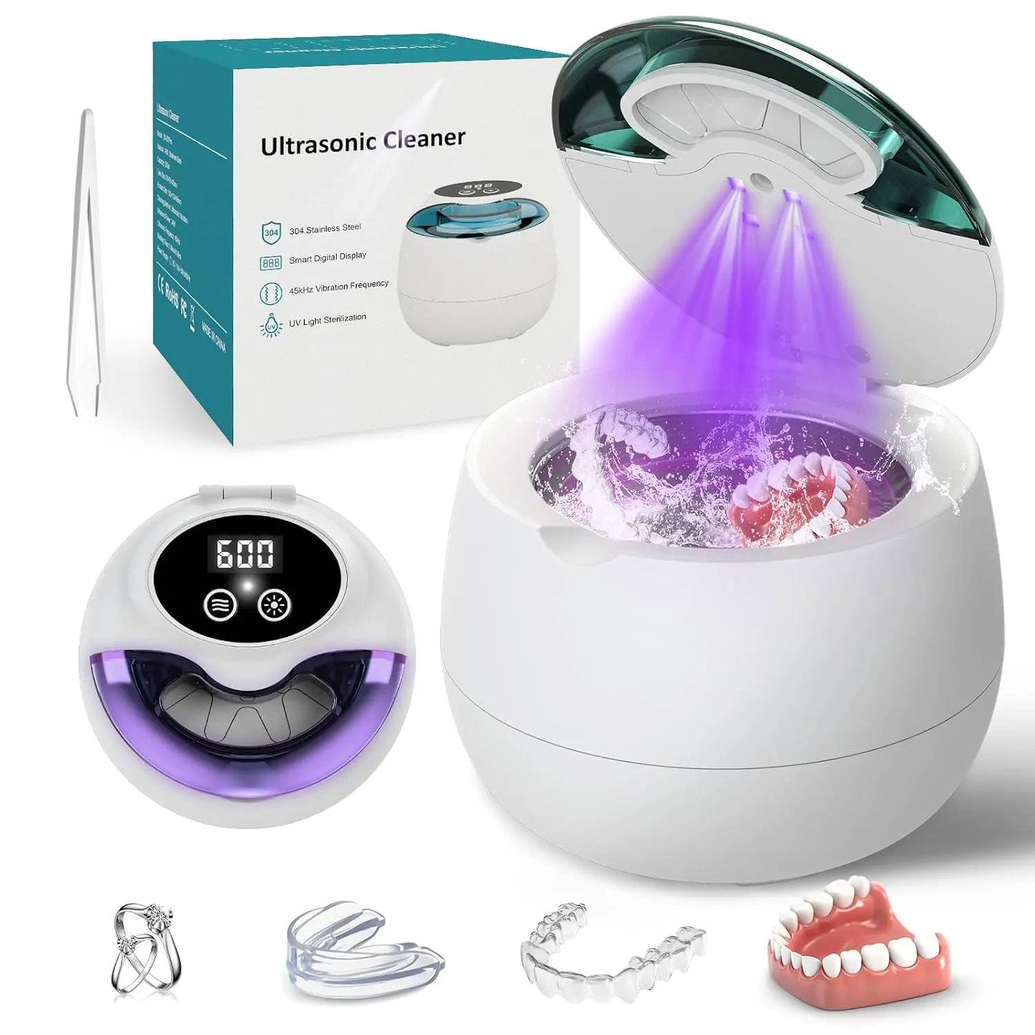 Ultrasonic Retainer Cleaner, 45kHz Denture Cleaner with UV Light, 200ML | 4 modes, dental cleaning pod for aligners, dentures, mouth guards, braces, toothbrushes, jewelry