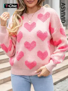 Women's Heart Pattern Drop Shoulder Sweater, Casual Long Sleeve Round Neck Jumper for Fall & Winter, Fashion Ladies' Knitwear for Daily Wear
