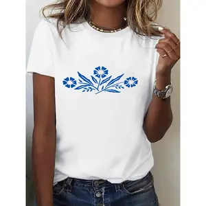 Women's 100% Cotton Floral Print T-Shirt - Breathable Round Neck Short Sleeve Casual Top, All-Season Comfort, Machine Washable, Holiday Gift