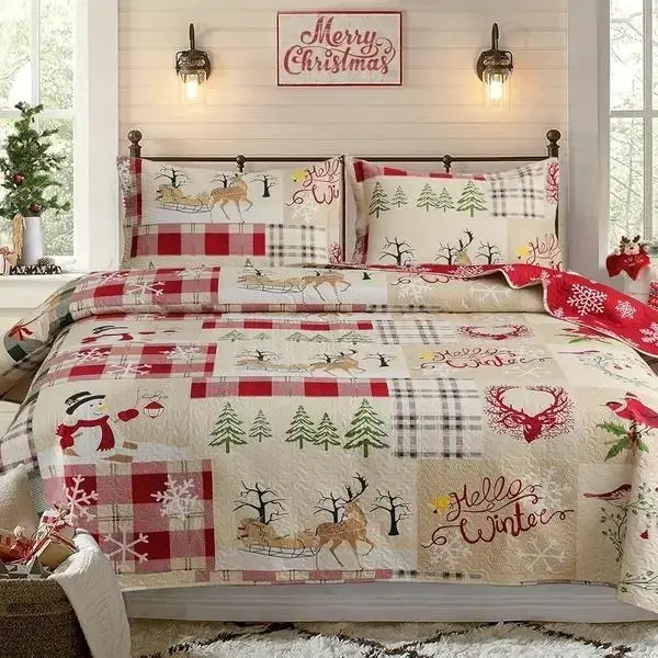 3pcs Christmas Quilt Twin/Queen/King Christmas Bedding Set, Xmas Tree Elk Snowflake Christmas Holiday Quilt Set, Rustic Cabin Lightweight Reversible Microfiber Christmas Bedspread Coverlet, Ultra Soft Quilt Bedspread for All Seasons