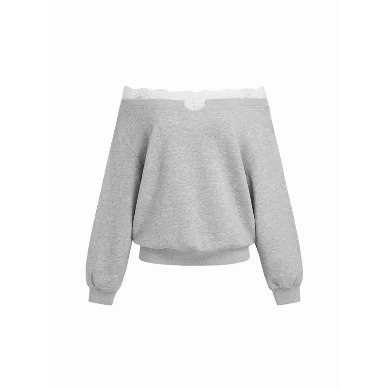 トップス S lace trim off shoulder tops (gray) Offshoulder sweater - TikTok Shop