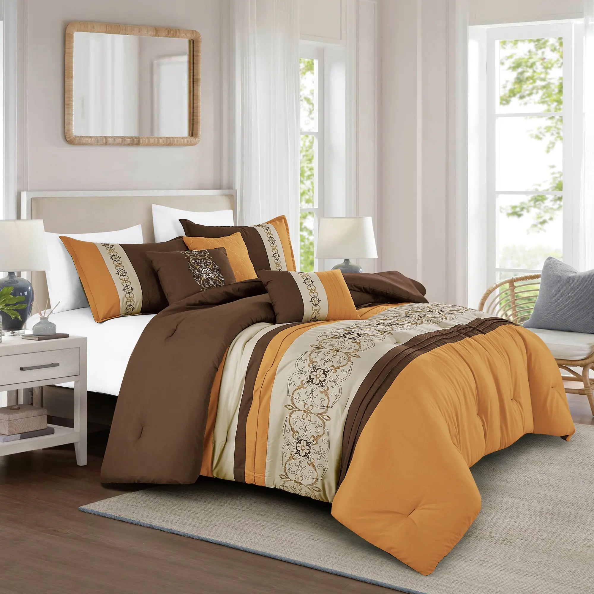 6-Piece Comforter Set – Mustard Gold & Brown Embroidered Bedding with Decorative Pillows – Elegant Warm Tone Polyester Comforter, Queen / King / Cal King