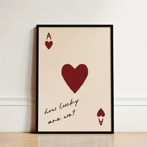 1pc, wall art, vintage poster, how lucky we are, playing cards art print,, red heart canvas painting, living room decoration, bedroom aesthetic design, gift for friends, housewarming gift, unframed
