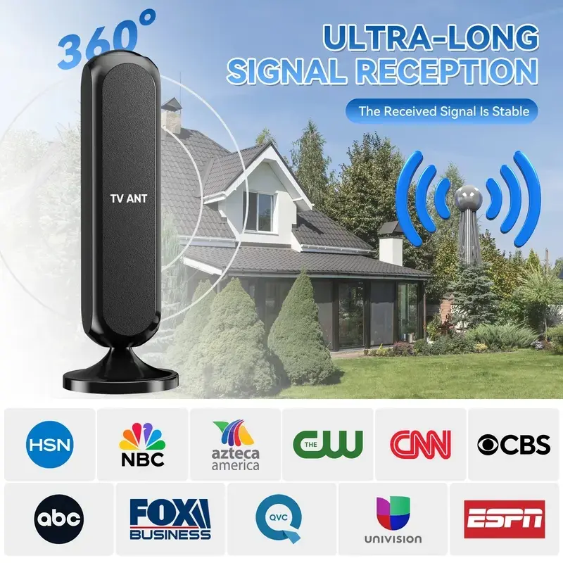 2026 New 4K HD Digital TV Antenna, Local, Long Range, Supports 4K 1080P Signal Boost and Smart TV Compatibility, High-Performance Coaxial Cable, 360° Omnidirectional Receiver