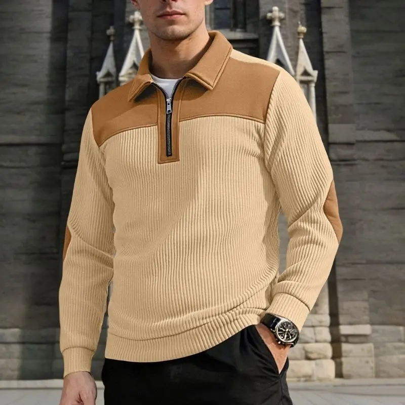 Men’s Textured Knit Long-Sleeve Sweater, Half-Zip Polo Collar, Vertical Ribbing, Brown Suede Shoulder/Elbow Panels, Abrasion-Resistant Patches, Metal Half-Open Zipper, Versatile for Spring/Autumn Business Commuting & Outdoor Wear