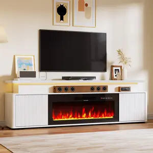 【2 Packages Shipping】Spurgehom Dual-Layer Fireplace TV Stand 70" for TVs Up to 80", Entertainment Center with 36" Electric Fireplace and LED Lights, Media Console Table with Storage Cabinet for Living Room summergarden