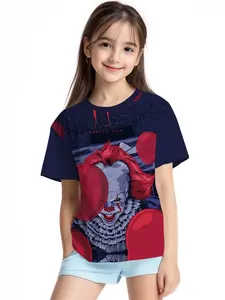 Horror retro horror clown digital print summer fashion girls' clothing, 100% polyester designed for energetic children, cute girls' short-sleeve T-shirts, summer casual children's clothing, outdoor sports T-shirts