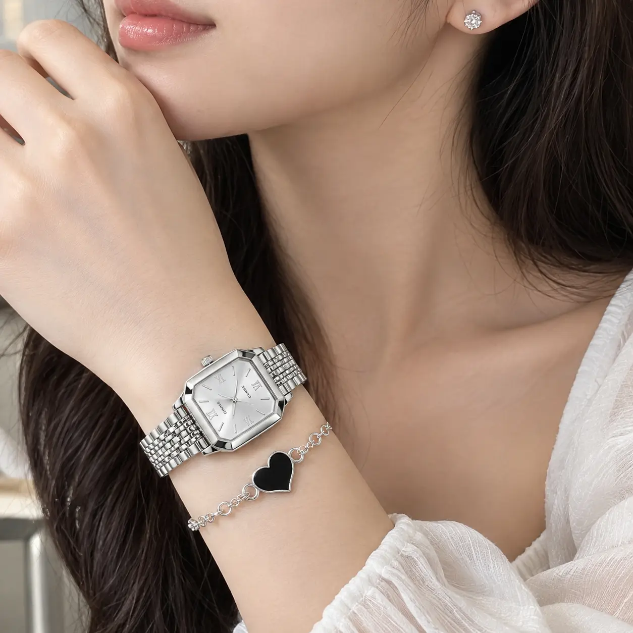 Women’s 2-Piece Watches for Women & Jewelry Set - Silver Rectangle Quartz Watch with Vintage Roman Numeral Dial, Black Heart Bracelet, Elegant Ladies Accessory Kit