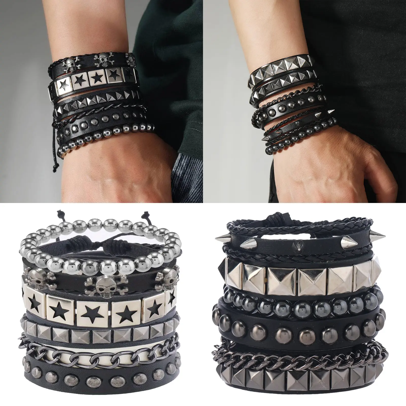 4pcs Goth Punk Rock Bracelet Set - Adjustable Spiked & Studded Faux Leather Cuff Wristbands, Black Star Pattern, Perfect for Parties