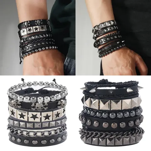 4pcs Goth Punk Rock Bracelet Set - Adjustable Spiked & Studded Faux Leather Cuff Wristbands, Black Star Pattern, Perfect for Parties