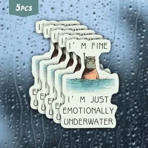 5Pcs Relatable & Overwhelmed Hippo "I'm Fine I'm Just Emotionally Underwater" Waterproof Vinyl Sticker, Self-Adhesive Single-Use Decal, Suitable For Water Bottles, Laptops, Cars, Tablets And More, Ideal For Hippo, Relatable Mental Health Humor And Emotion