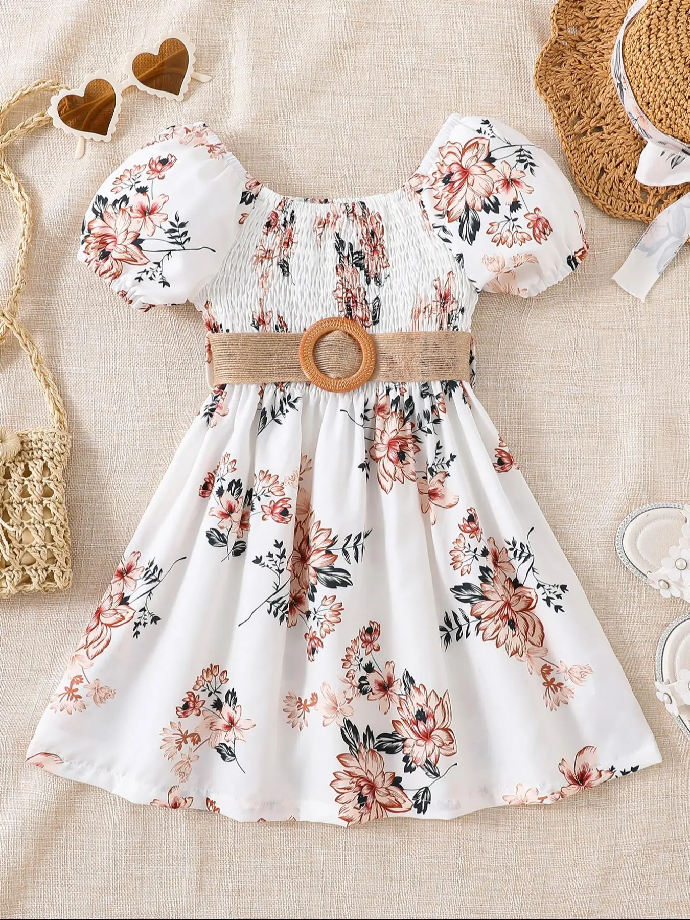 Toddler Girl's Floral Print Belted Dress, Casual A Line Dress for Summer, Kids Clothes for Daily Wear, Summer Dresses, Floral Pattern Dress