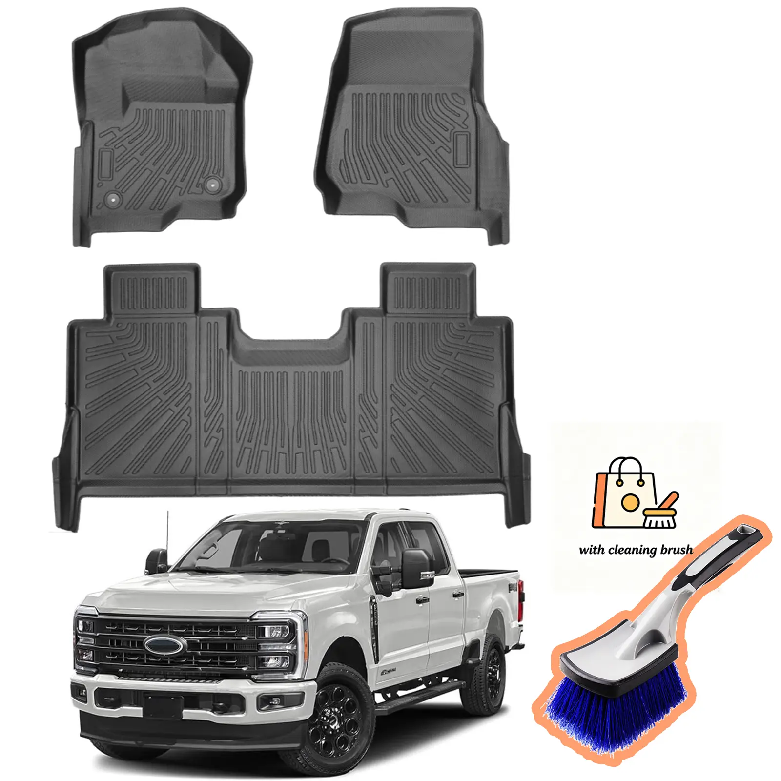 Canvcle Heavy Duty Deep-Tread TPE Floor Mats, Odorless Eco-Friendly Anti-Slip All-Weather Mats for 2017-2026 Ford F250/F350/F450 Super Duty Crew Cab, Free Cleaning Brush Included with Purchase, Deep-Tread Floor Mats