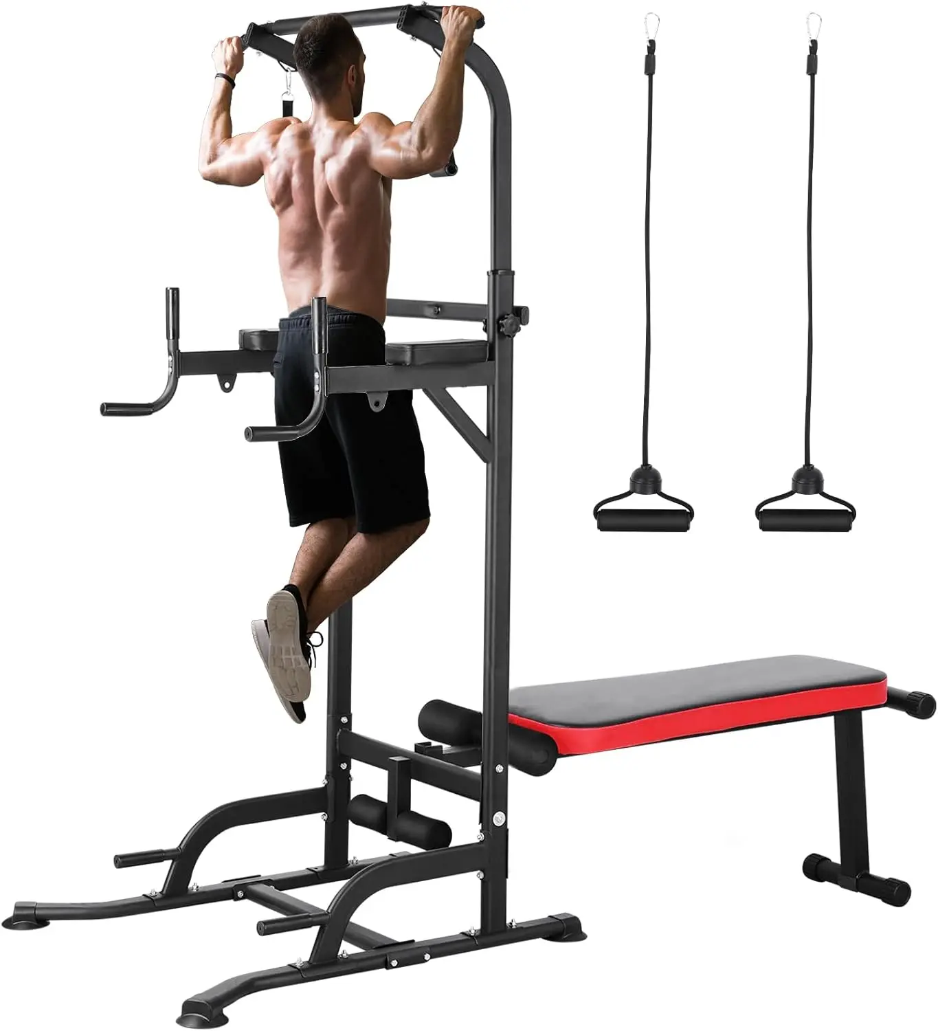 Arlopu Pull Up Bar Stand with Folding Weight Bench,4 Ropes Strength Training Fitness adjustable Heights Equipment,for Home Office Gym Strength Training homeessentials