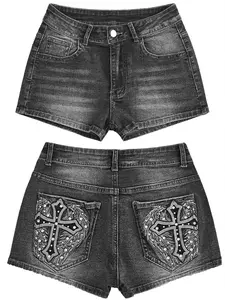 Y2K Sexy Embroidered Low Waist Denim Jeans Shorts for Women, Streetwear Vintage Harajuku Style, Cross Patch Pockets, Fashionable Slim Fit