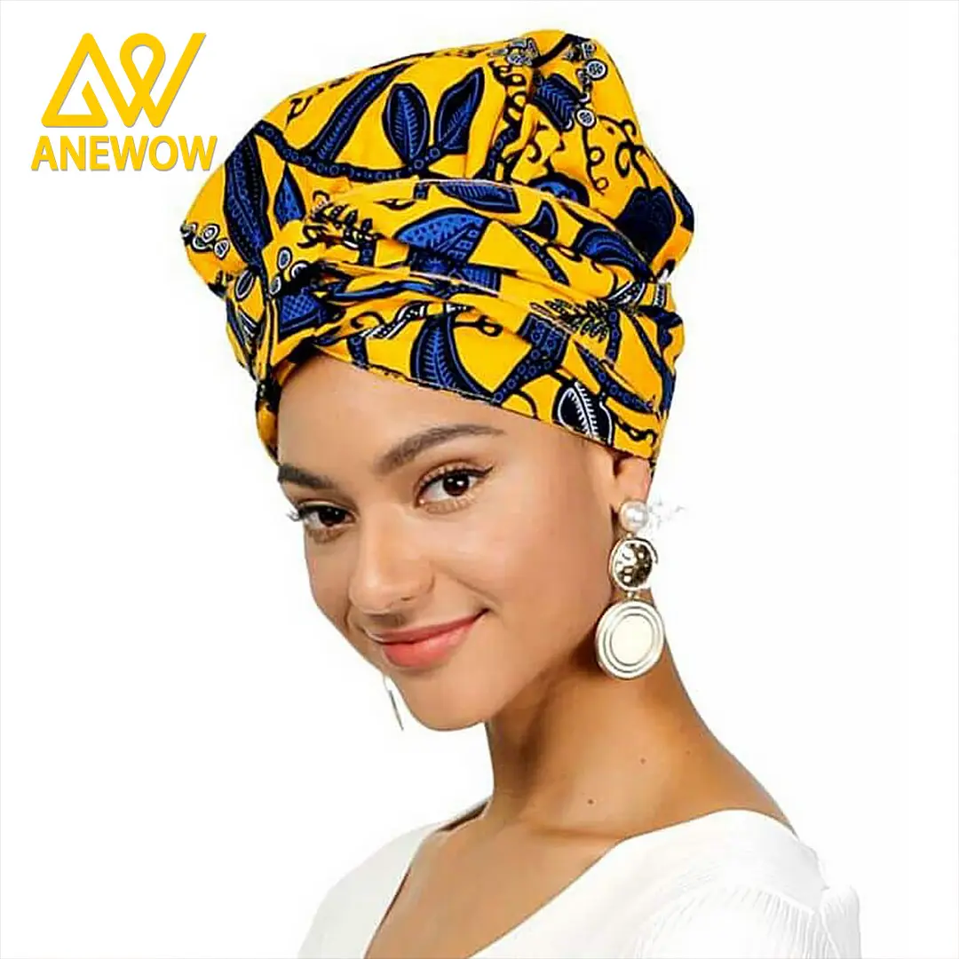 ANEWOW Yellow Base Blue African Ankara Print Satin Lined Headwrap Hair Wrap Bonnet For Curly Hair Daily Overnight Hair Care