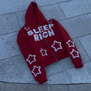 Red Sleep Rich Star jacket with Hood and Zipper Closure for Women or men