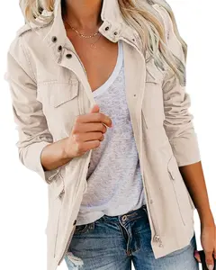 Pepochic Women's Military Jacket Zip Up Snap Buttons Lightweight Utility Anorak Field Safari Coat Outwear Long Sleeve Fitted Casual All Seasons Womenswear Tops