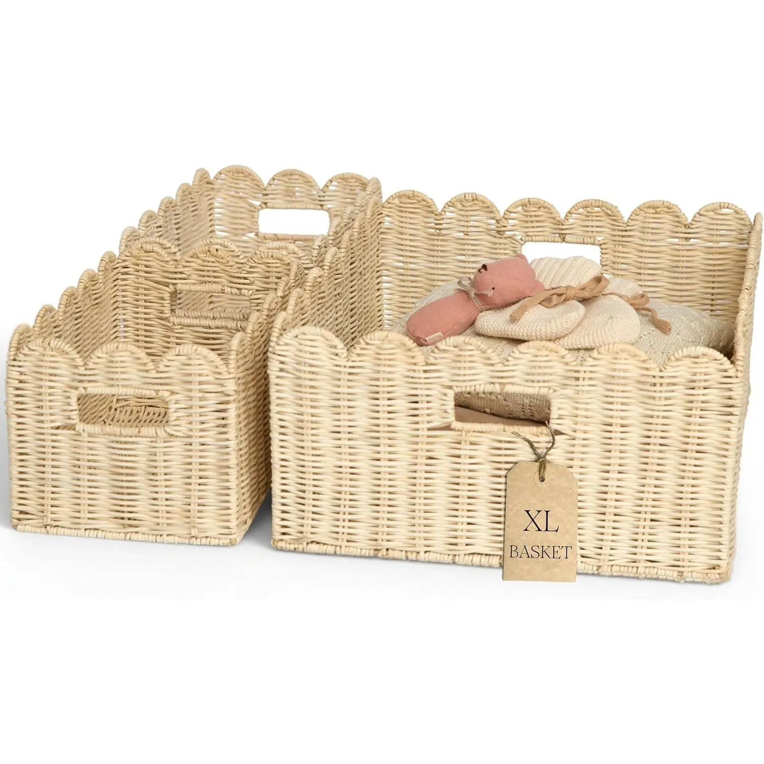 BEBE BASK Handwoven Scalloped Wicker Basket – Rattan Scalloped Basket Set of 3 (17 * 13 * 7 in), Wicker Baskets for Organizing, Wicker Storage Baskets for Shelves, Nursery and Home