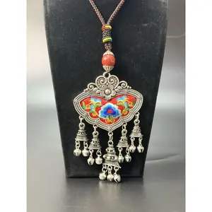 Handmade with Love |     Embroidered Bell Statement Longevity Lock Necklace