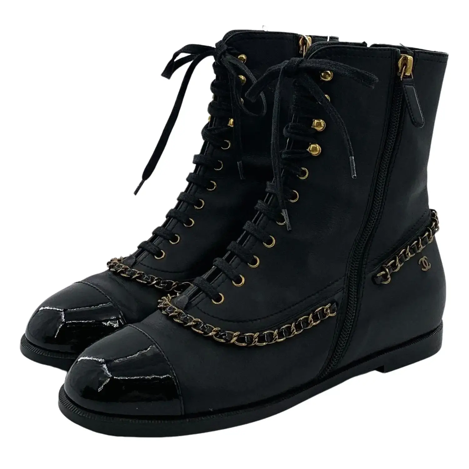 RDLT-Chanel size 38 black round toe leather chain design lace up casual flat ankle boots-H38150