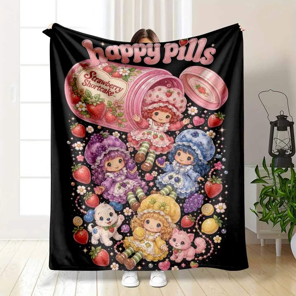 Cute Berry Girls Flannel Blanket - Vibrant Fruit & Character Cartoon Pattern, Fluffy Soft Blanket Gifts, Ultra-Soft Lightweight Plush Cozy Sleeping Throw, Ideal for Office Nap, Bedding Decor, Living Room Sofa, Fluffy Soft Blankets