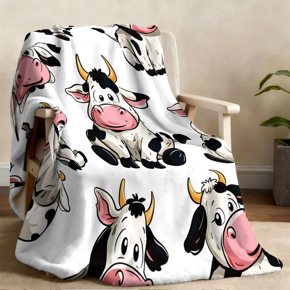1 piece cartoon cow print blanket on white background, black and white spots, hand-painted cow print flannel material, simple wind blanket, skin-friendly, soft, machine washable, suitable for office, home, sofa blanket, bed blanket, etc.