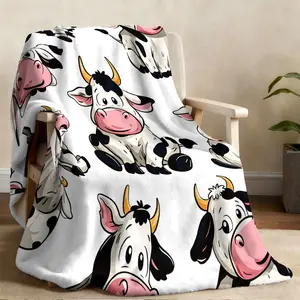 1 piece cartoon cow print blanket on white background, black and white spots, hand-painted cow print flannel material, simple wind blanket, skin-friendly, soft, machine washable, suitable for office, home, sofa blanket, bed blanket, etc.