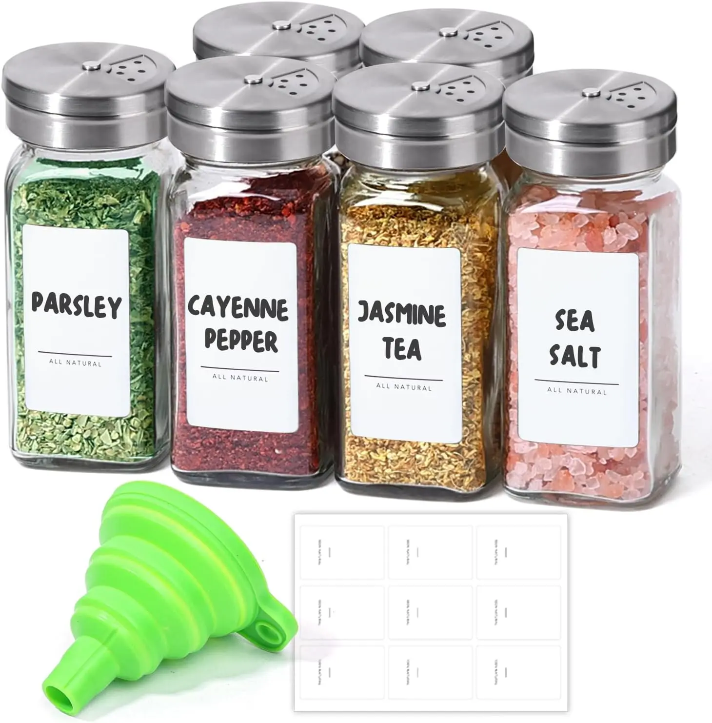 Spice Jars with Shaker lids Adjustable, 4oz 6PCS, 9 DIY Labels, Spice Jars Trial Set & Supplement Set, Empty Ingredient Containers and Square Ingredient Bottles for Kitchen and Seasoning, Utensils, Canister