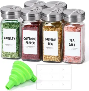 Spice Jars with Shaker lids Adjustable, 4oz 6PCS, 9 DIY Labels, Spice Jars Trial Set & Supplement Set, Empty Ingredient Containers and Square Ingredient Bottles for Kitchen and Seasoning