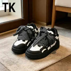 Black & White Reflective Chunky Lace-Up Skate Sneakers Retro Y2K Streetwear Low-Top Platform Board Shoes Oversized Chevron Laces Casual Skate Shoes for Men/Women Hiphop Black & White Thick Sole Skateboarding Sneakers Edgy Reflective Chunky