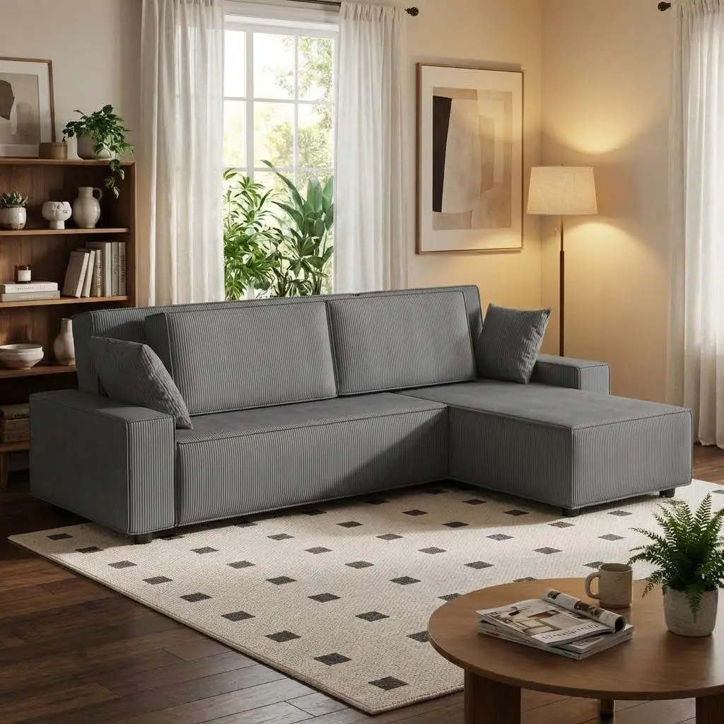 Grey Fine Corduroy Stripe Large Couch, l Shaped Oversized Sectional Sofa with Deep Seat, Comfy Modular Couch for Living Room, Apartment, 61" d x 96" w x 32" h