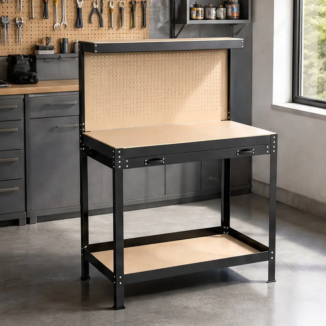 ARCH 63-Inch Steel Workbench with Pegboard and Drawer, Heavy-Duty 300 lbs Capacity, Black Powder-Coated Finish, MDF Top, for Garage, Workshop, Office, 24"W x 48"D x 63"H, Black Color Options, Steel Material, Product Weight: 56.00 lb, Steel Frame
