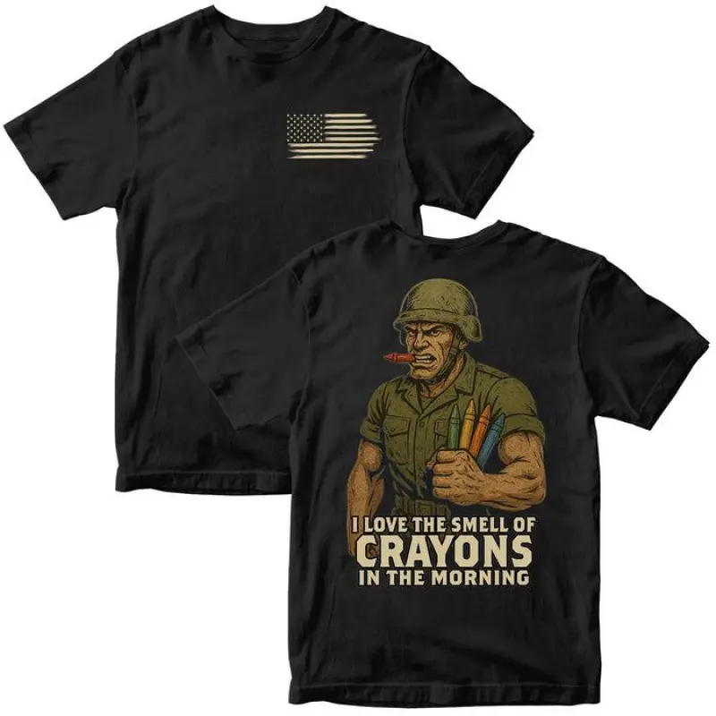 USMC Crayon Eater T-Shirt – I Love The Smell of Crayons in the Morning Funny Marine Corps Tee, Patriotic Military Humor Shirt, Veteran Gift Apparel Made in USA Classic Fit