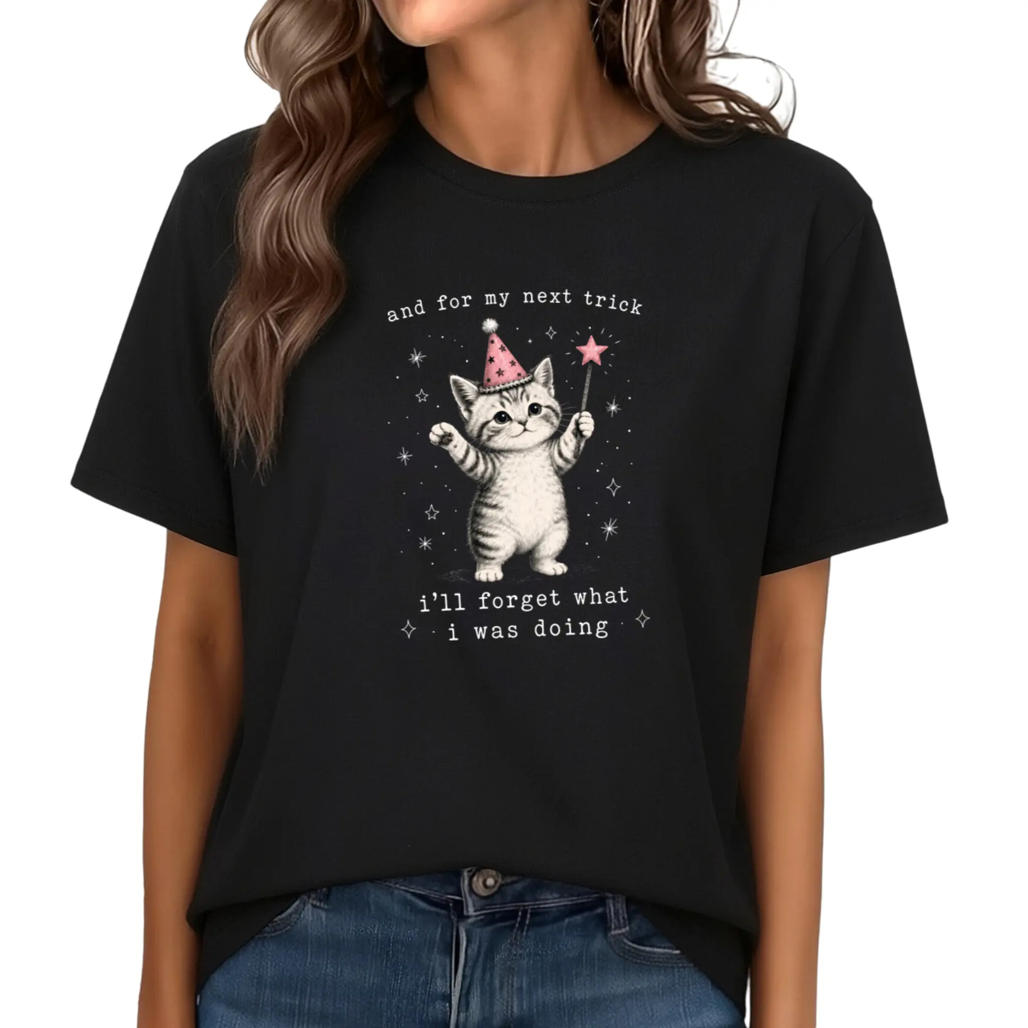 Magician Wizard Cat Funny Quote Graphic Oversized Comfort Cotton T-Shirt, Cute Humor Pet Outfit, Funny Valentine Gift For Lover Friend, Best Humorous Holiday Present Fashion Casual Tee Dress Fabric