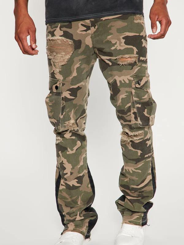 Contrast Skinny Stacked Flared Cargo Pants - Camouflage