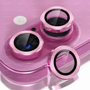 【Pink】Glimprese Cellphone Protective Camera Lens Protector Compatible for iPhone 16 16Plus 15 15Plus 14 14Plus 13 13Mini, 9H Tempered Glass Camera Cover Screen Protector, HD Clear, Metal Individual Ring Decoration Accessories