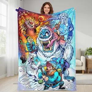 Fiery Ice Monster Cartoon Flannel Blanket Fantasy Character Print Soft Warm Cozy Anti Fading Lightweight Home Decor Travel Camping Holiday Gift Movie Night
