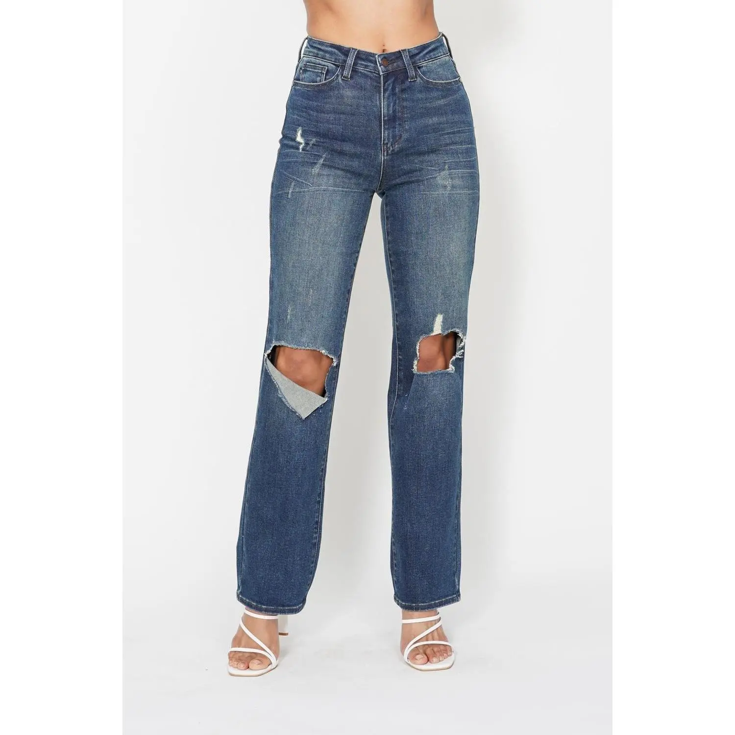 Judy Blue Women's High Waist Dad Jeans, Relaxed Straight Leg with Edgy Ripped Knees in Comfortable Stretch Denim, Style, 16W, Spandex, Bottoms, Soft, Hip, Cotton, Casual, Fit, Trendy Jeans, 14W, Pants, 24W