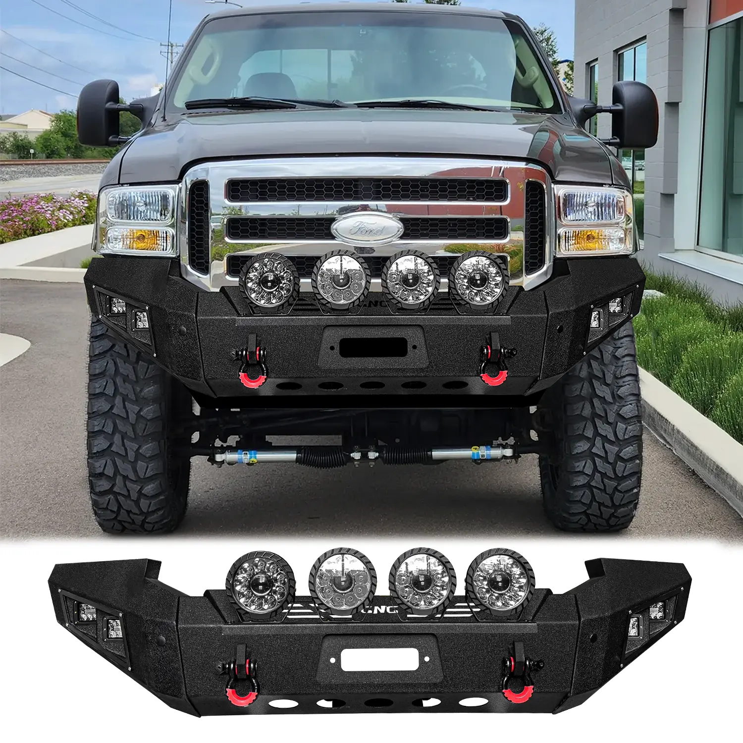 Vijay Steel Front Bumper, Black Texture for 2005-2007 Ford F250-F350-F450, Includes Winch Plate, Round Lights, 2 x D-Rings, D-Ring Mounts, Off-Road Performance, Simple Screw Installation