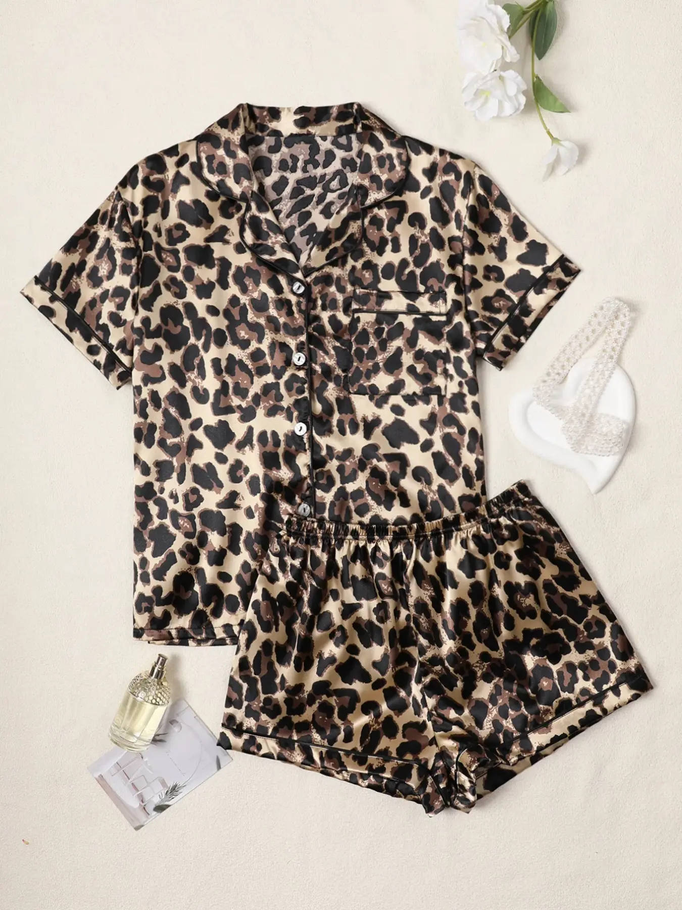 2pcs Satin Leopard Print Short Sleeve Shirt With Collar And Bowknot Shorts Pajama Set For Women, Spring