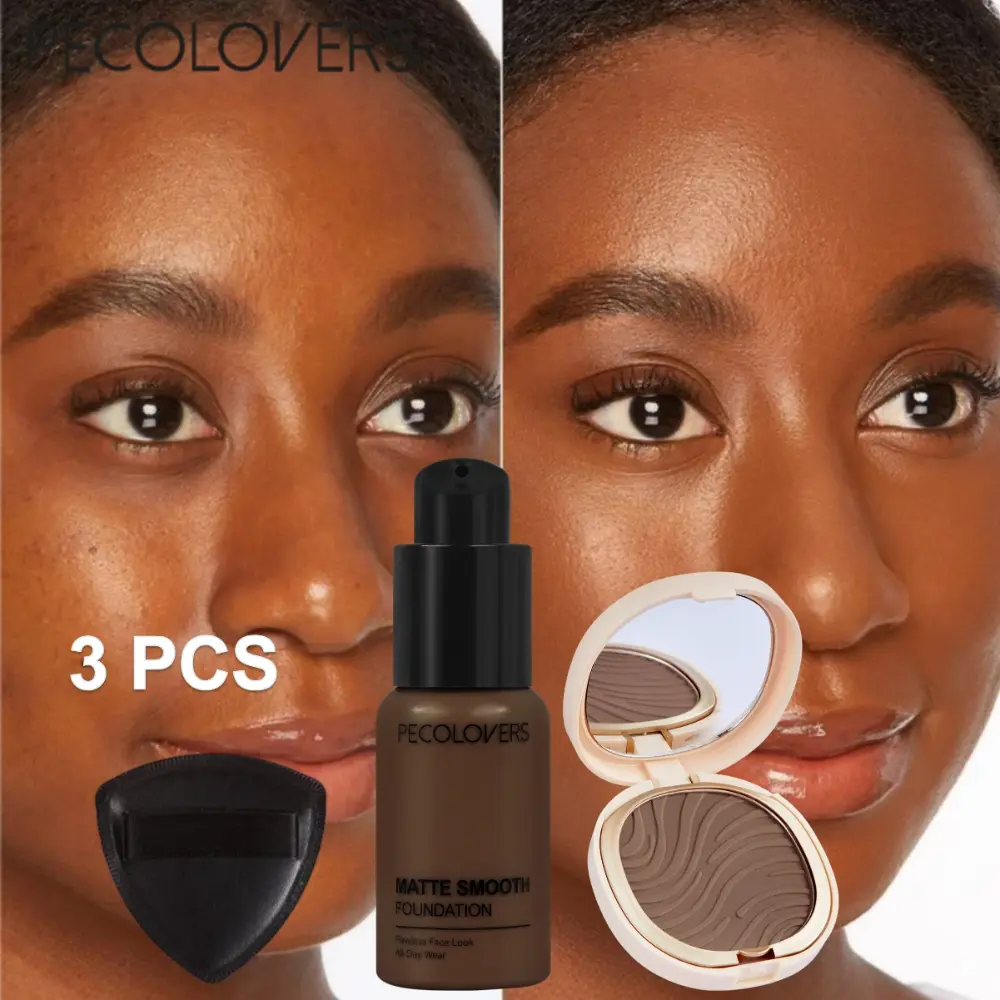 3Pcs Silky Texture Foundation And Powder Puff And Pressed Powder Set, Multi-Effect Base Kit, Gentle Skin Finishing Accessory, Trendy Makeup Set For Beauty Lovers And Daily Looks, Warm Ivory And Soft Beige, Complexion Cosmetic