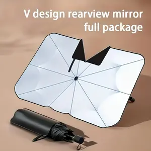 Car Windshield Sun Shade Umbrella, V-Design Rearview Mirror Full Coverage Foldable Sun Visor, UV Blocking Heat Insulation Car Sun Protector for Most Vehicles, Car Sunshade
