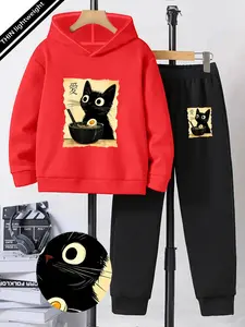 Boys' Spring & Fall Set, Fashionable Cartoon Cat Noodle Print Hoodie Two-Piece Set, Youth Casual Sweatshirt Pants Set