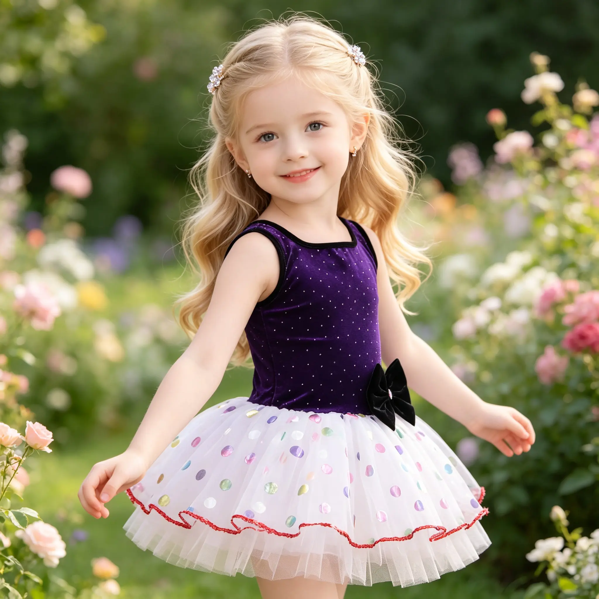 Girls Ballet Leotard Tutu Dress, Sleeveless Velvet Rhinestone Bodice Colorful Polka Dot Tulle Skirt with Big Bow Decor Dancewear for Toddler Little Girls, for Ballet Class Recital Performance Birthday Party Dress Up