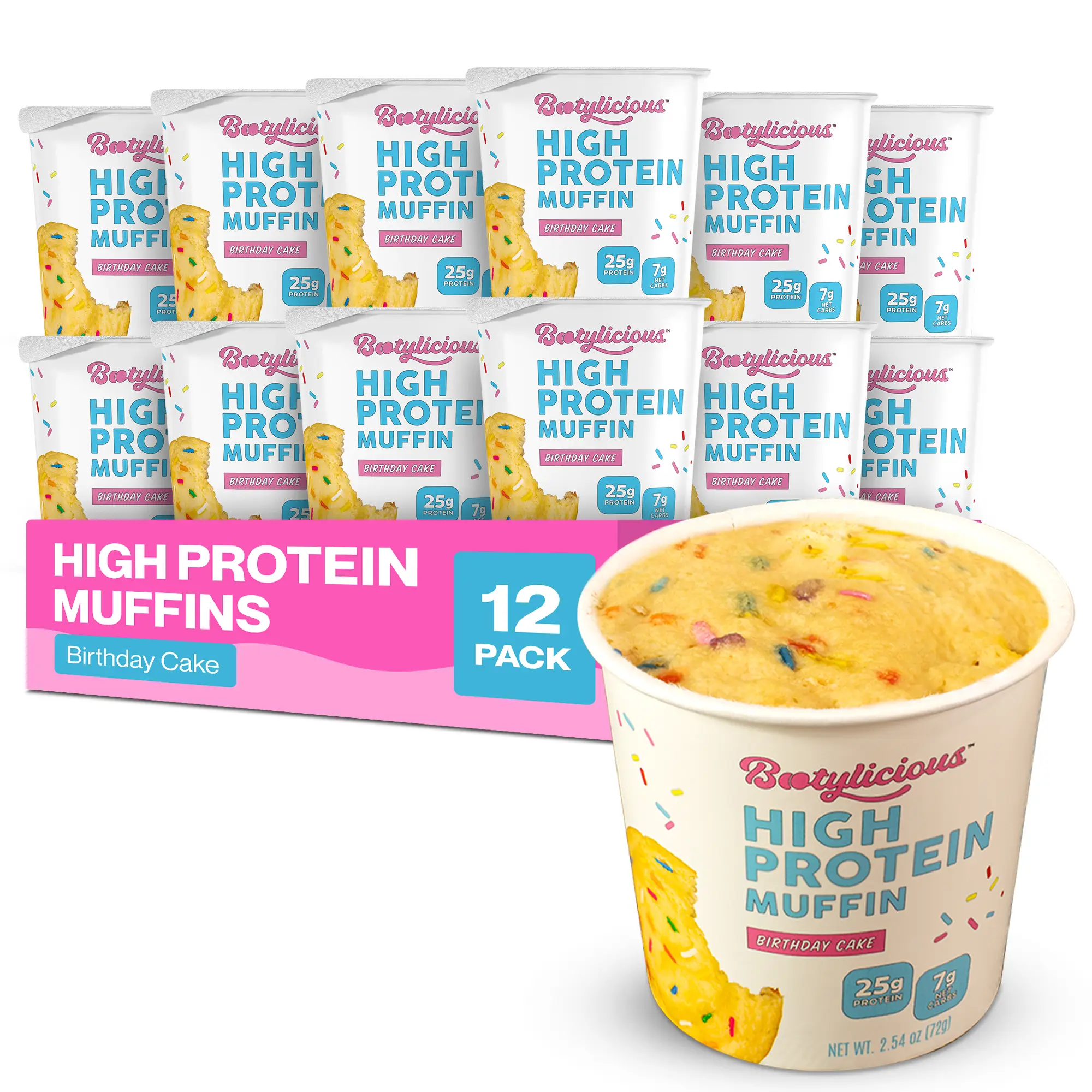 Bootylicious High Protein Muffins - Birthday Cake Flavor - 12 Pack - 25g Protein - Low Calorie & Sugar - Healthy Snack
