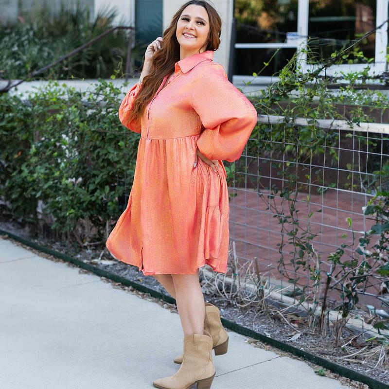 Peach Blossom Metallic Balloon Sleeve Shirt Plus Size Mini Dress