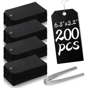 200 count 6 1/4 x 3 1/8 Plastic Shipping Tags with Wire - Double-Sided Writable Price Tags for Retail - Rectangle Tie  Labels for Engraving Equipment, Garage, Moving (Black)